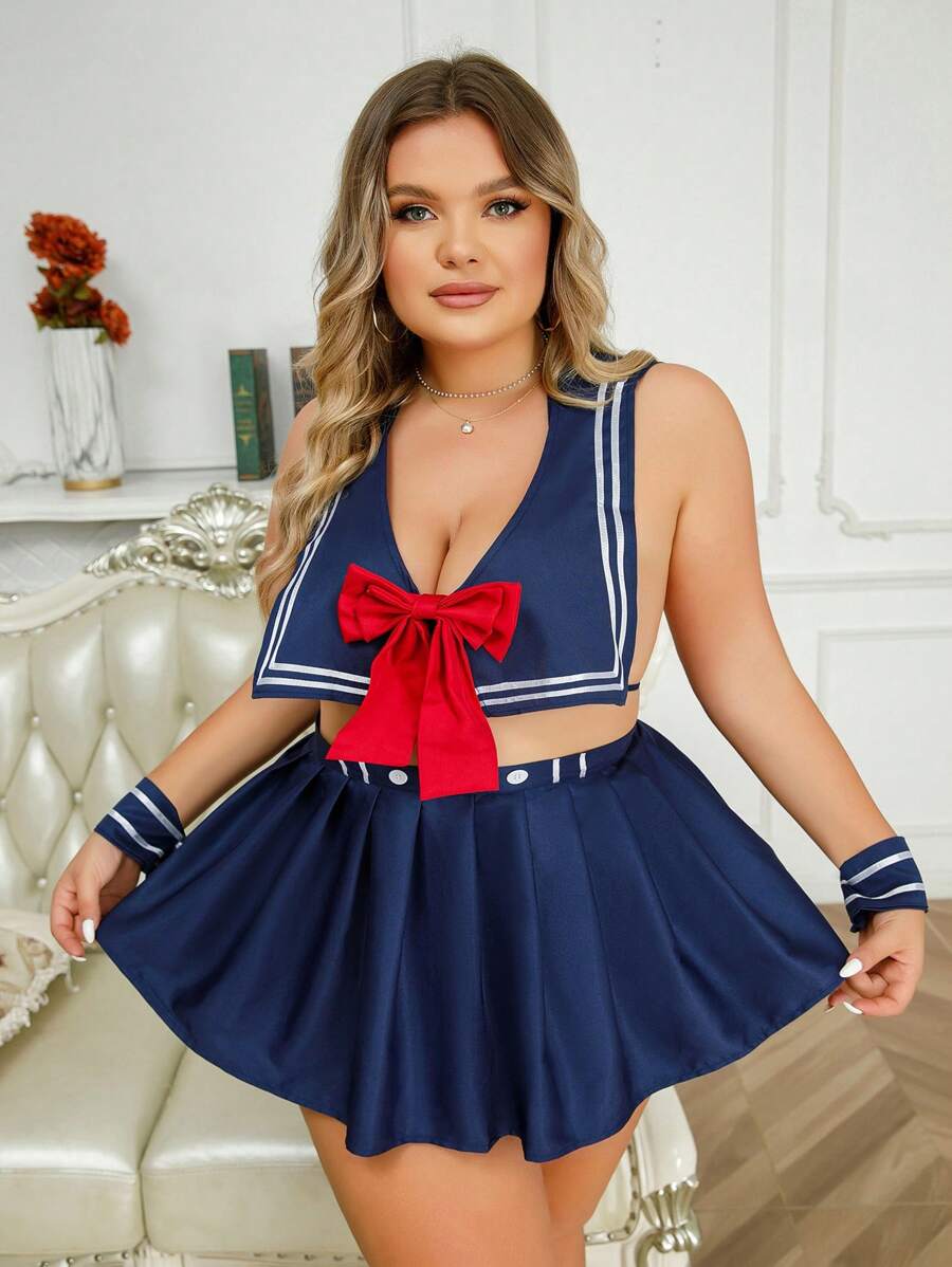 Talla grande Set disfraz de colegiala ribete de rayas con lazo delantero - Azul - Ver 1
