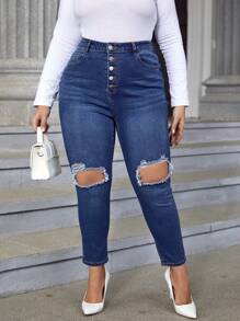 SHEIN Essnce 大碼紐扣門襟鏤空破洞緊身牛仔褲 - 深色水洗藍 - 查看 3