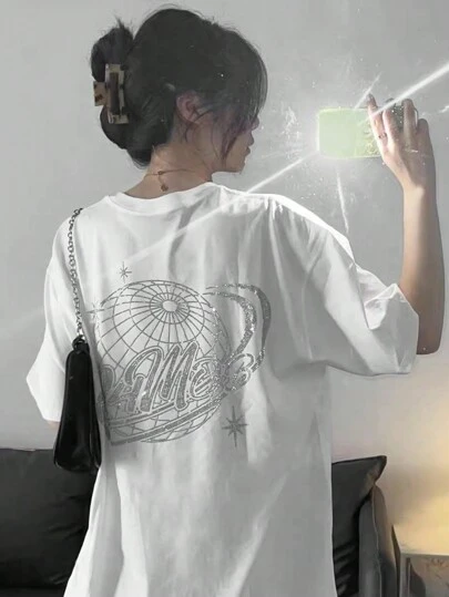 Women's Loose Rhinestone Letter Print Drop Shoulder T-Shirt, Summer Casual White