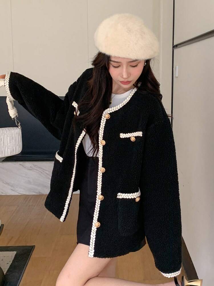 Contrast Trim Drop Shoulder Teddy Jacket,Fall Women Clothes