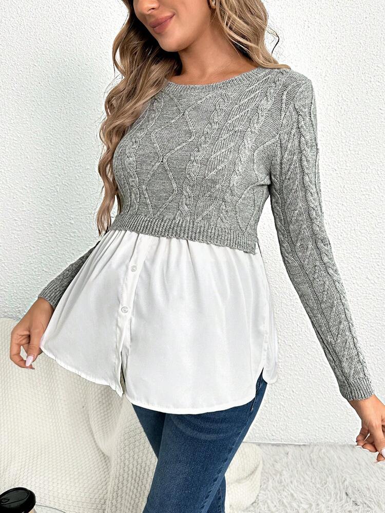 Suéter Bicolor de Materidade com Babado Peplum 2 em 1 de Manga Longa, para o Inverno