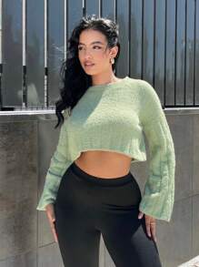 SHEIN SXY Solid Fluffy Knit Crop Sweater - Green - View 4