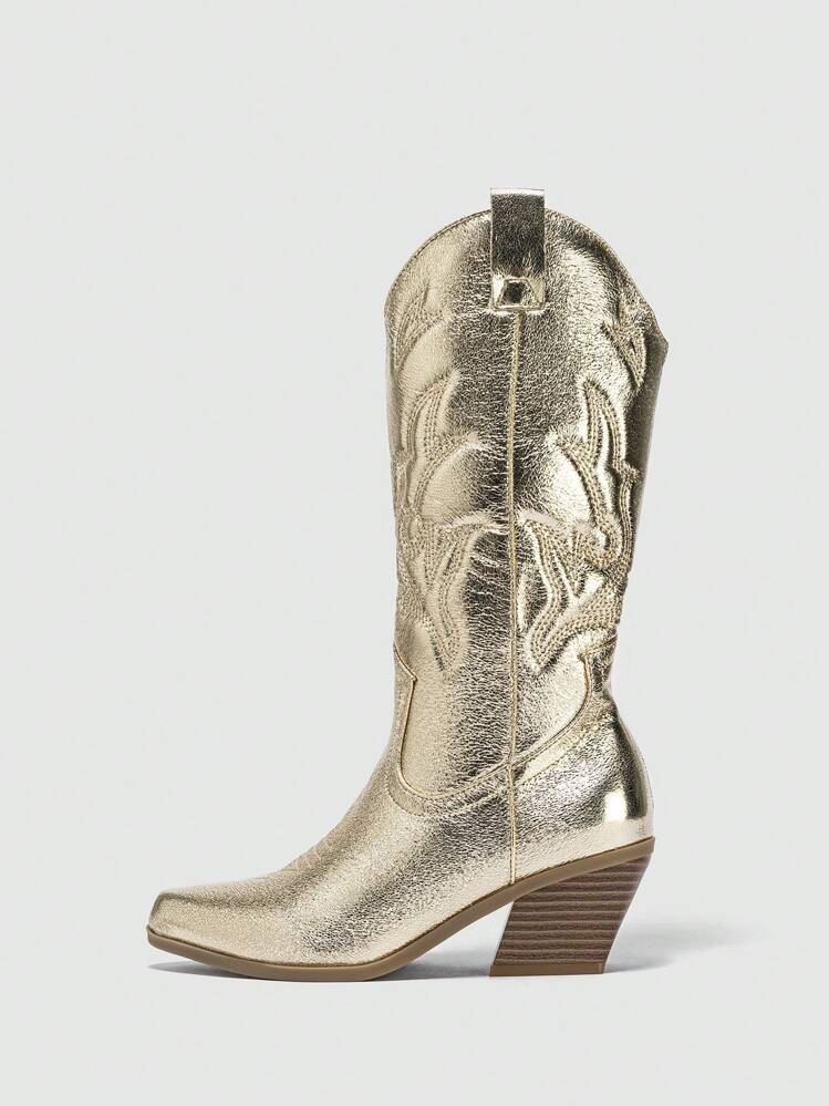 Western Pointed Toe Embroidered Chunky Heel Boots For Winter - Gold - View 3
