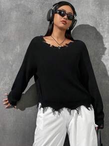 SHEIN EZwear 大碼落肩袖破洞毛衣 - 黑色 - 查看 3