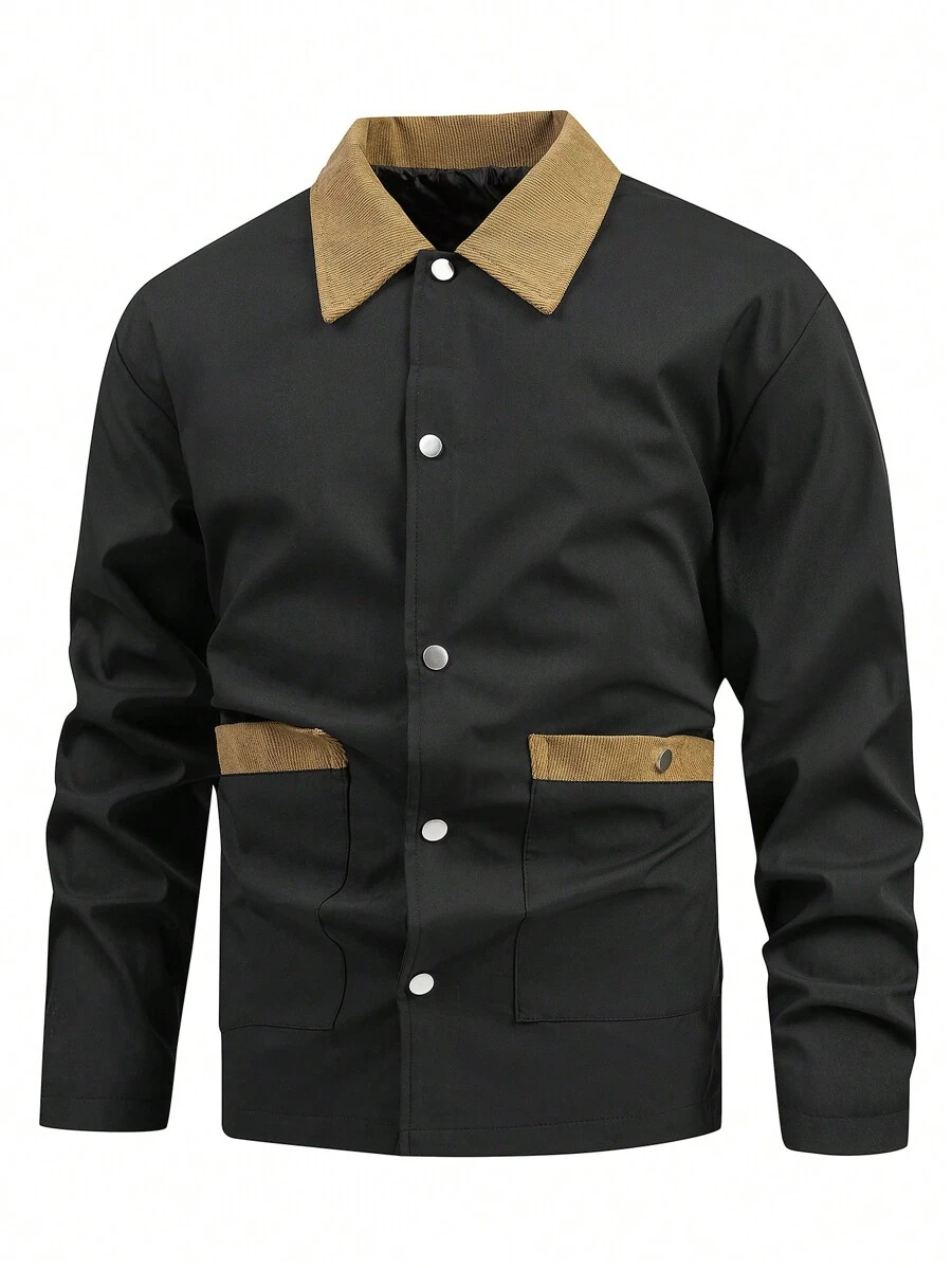 Manfinity Homme 寬鬆合身男士對比領子鈕扣外套,不含t-shirt - 黑色 - 查看 1