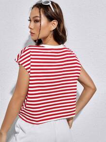 SHEIN EZwear Striped Batwing Sleeve Tee - Red and White - View 2