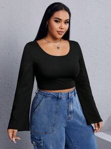 SHEIN EZwear Plus Solid Scoop Neck Tee - Black - View 1