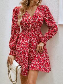 SHEIN Holidaya 休閒交叉 打褶全身印花女士連衣裙 - 紅色 - 查看 5