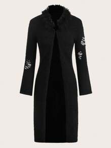 SHEIN ICON Solid Fuzzy Trim Flounce Sleeve Cardigan - Black - View 2
