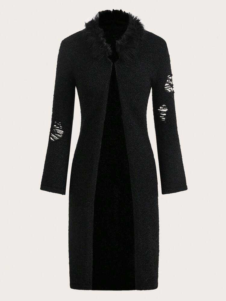 Solid Fuzzy Trim Flounce Sleeve Cardigan