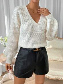 Chiquease Solid Drop Shoulder V Neck Knit Pullover Fall Winter Sweater - Beige - View 7