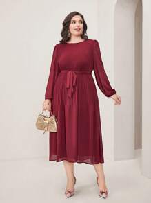 Modelyn Vestido rojo borgoña con cinturón sólido - Burdeos - Ver 3