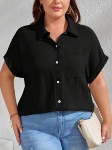 SHEIN Clasi 休閒口袋 前紐扣純色加大襯衫 - 黑色 - 查看 1