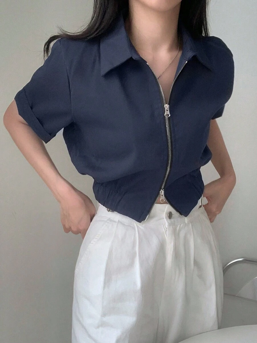 2025 少女夏装女装纯色双拉链短袖休闲衬衫