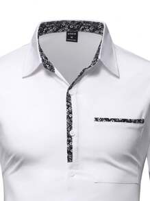 Manfinity Mode 宽松男士印花纽扣衬衫，男士设计师奢华正装衬衫，黑白男士衬衫，秋季长袖上衣 - 白色 - 查看 6