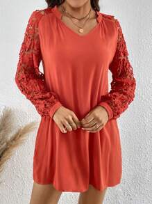 SHEIN LUNE Ren tương phản Tay áo lồng đèn Đầm Tunic - Đỏ - Xem 4