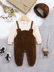 SHEIN Bộ đồ liền thân bằng vải nhung kẻ dệt kim hình gấu dễ thương cho trẻ mới biết đi, dày vừa, hở đáy, độ dày vừa phải - Nhiều màu - Xem 8