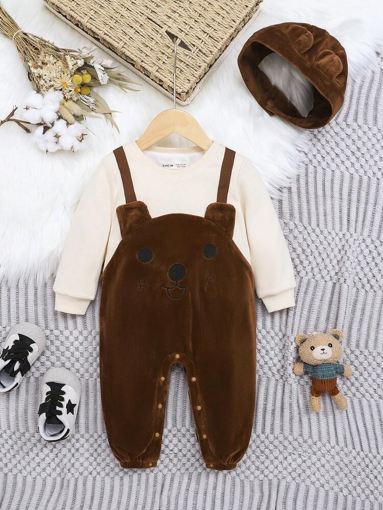 Toddler Unisex Cute Bear Knitted Corduroy Thickened Jumpsuit With Open Crotch, Medium Thick