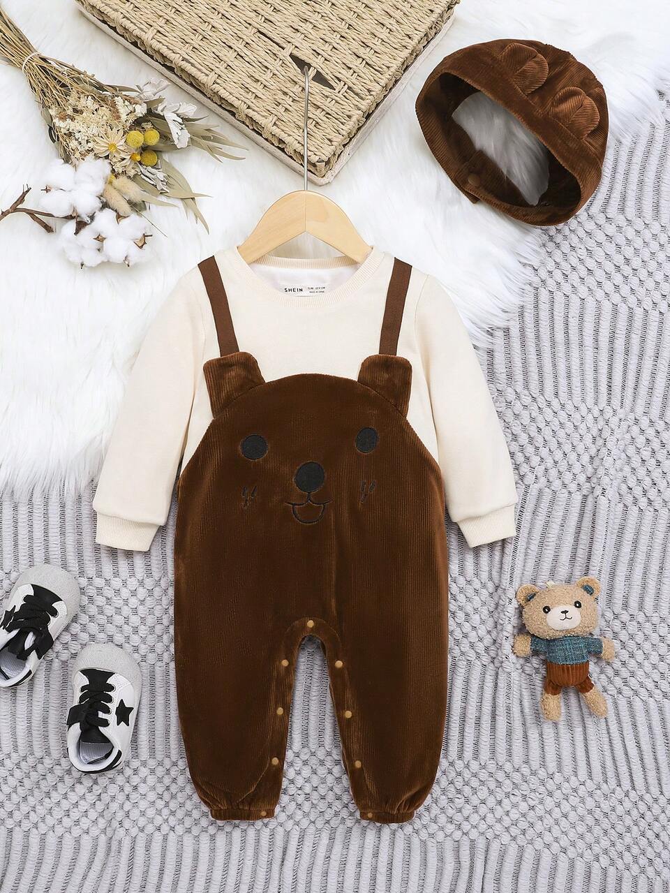 Toddler Unisex Cute Bear Knitted Corduroy Thickened Jumpsuit With Open Crotch, Medium Thick