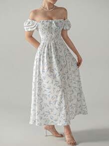 SHEIN Unity Đầm Maxi Tay Phồng In Hoa Ditsy Thắt Nút Phía Trước Cho Nữ - trắng - Xem 3
