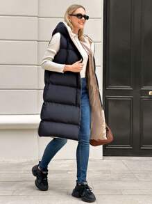 EURMUSE Solid Zip Up Hooded Puffer Vest Coat - Black - View 4