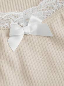 SHEIN MOD Plus Contrast Lace Bow Front Tee - Beige - View 4