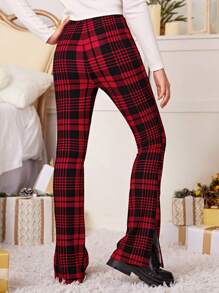 青少年女孩格紋印花下擺開叉長褲適用於聖誕 - 紅色 - 查看 2