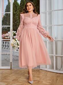 Simplee 大碼蕾絲拼接荷葉邊網紗覆蓋派對禮服 - 淺粉色 - 查看 1