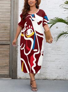 SHEIN EZwear Plus Eye Print Tee Dress - Multicolor - View 5