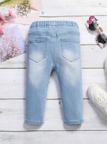 Baby Girl Butterfly Print Bow Front Jeans - Light Wash - View 2