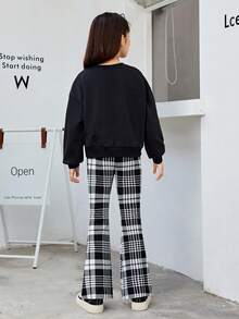 SHEIN Tween Girl Slogan Graphic Drop Shoulder Pullover & Plaid Flare Leg Pants - Black and White - View 8