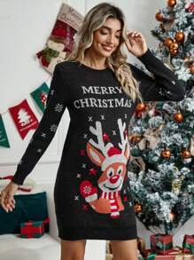 SHEIN Maternity Christmas Elk & Slogan Pattern Sweater Dress With Long Sleeve, For Winter - Multicolor - View 1