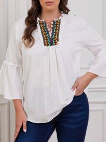 SHEIN Cottnline Plus Contrast Geo Tape Notched Neckline Flare Sleeve Blouse - White - View 1