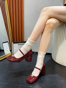 女士厚底瑪莉珍鞋,深棕色,搭配洋裝、襪子時尚可愛,蘿莉塔風格 - 紫紅色 - 查看 4