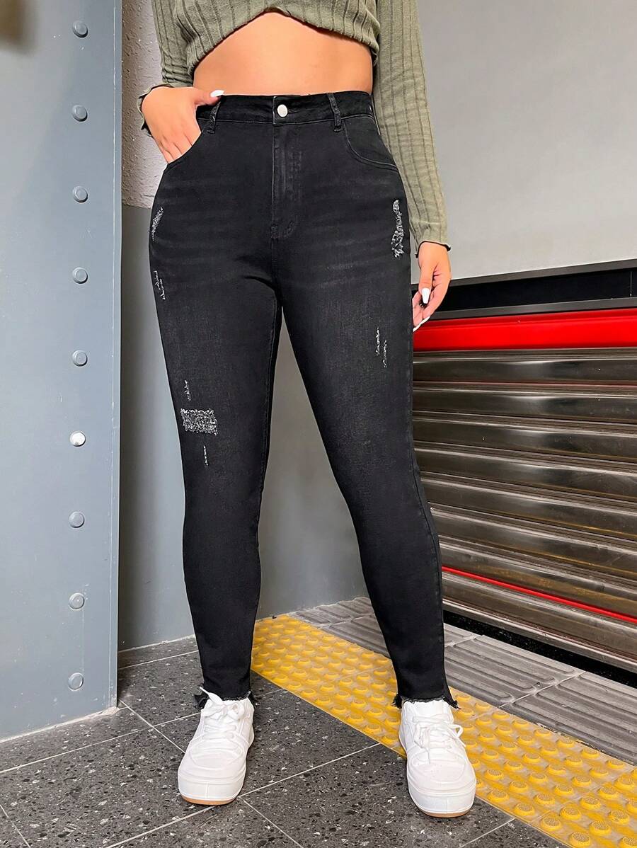 SHEIN EZwear Plus High Waist Ripped Skinny Jeans - Black - View 1