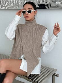 DAZY 1pc Turtleneck Wrap Cross Sweater Vest,Fall Clothes - Khaki - View 6
