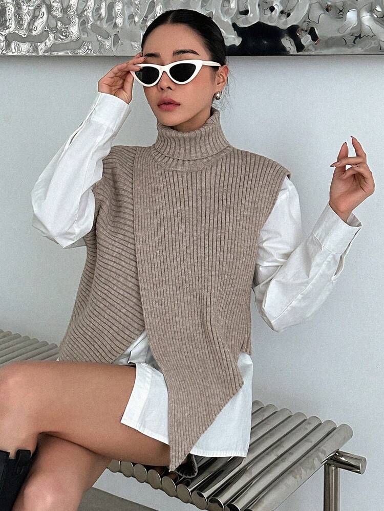 1pc Turtleneck Wrap Cross Sweater Vest,Fall Clothes