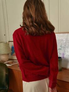 Simple Retro Lace Trim Button Front Cardigan - Red - View 3
