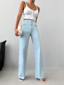 EURMUSE Raw Hem Straight Leg Jeans - Light Wash - View 3