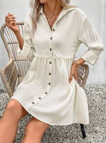 SHEIN Frenchy Lá sen tỉa Nút phía trước Váy sơ mi - Màu be - Xem 2