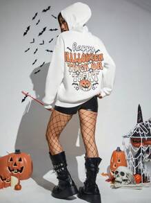 PUNK Halloween Print Drop Shoulder Hoodie - White - View 6