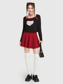 ROMWE 貓和心形圖案滾邊T恤 - 黑色 - 查看 1