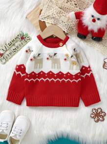 女嬰聖誕圖案插肩袖套頭毛衣 - 紅色 - 查看 3