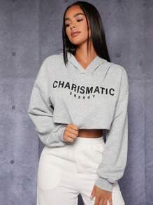 SHEIN PETITE Đồ họa Chữ cái Thả vai Áo hoodie ngắn - Màu Xám nhạt - Xem 7
