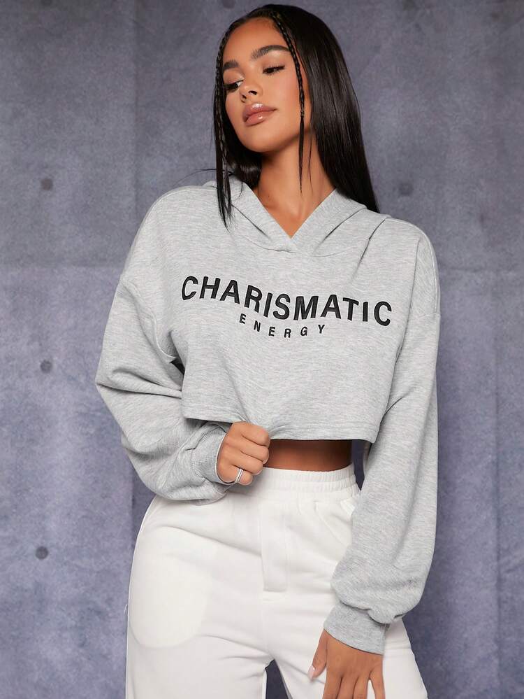 SHEIN PETITE Đồ họa Chữ cái Thả vai Áo hoodie ngắn - Màu Xám nhạt - Xem 7