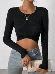 SHEIN Unity 纯色罗纹针织短款套头衫秋冬毛衣 - 黑色 - 查看 4