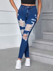 SHEIN Essnce 破洞緊身牛仔褲 - 中等水洗藍 - 查看 3