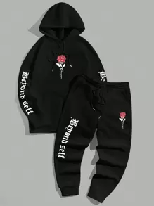 Manfinity VCAY Men Floral & Letter Graphic Drawstring Hoodie & Sweatpants - Black - View 3