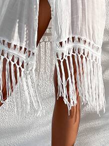 Hollow Out Fringe Hem Kimono - White - View 4