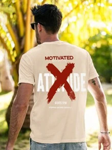 男士標語圖案落肩T恤 - 杏色 - 查看 2